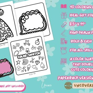 May include: A set of 10 coloring pages featuring a dress and a purse. The pages are 8.5 inches by 11 inches and include a color swatch page. The pages are designed for all skill levels and feature bold, easy-to-color hand-drawn figures.