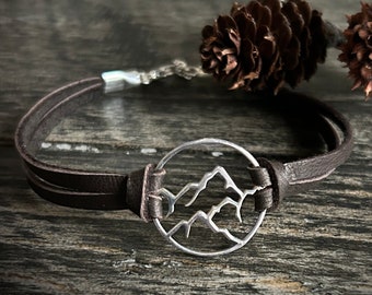 Mountain Range Leather Bracelet, Earth element, wanderlust, hiker jewelry, Sterling bracelet, mountain bracelet, mountain jewelry