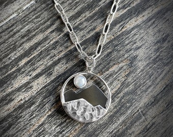 Silver Mountain necklace, sterling silver necklace, pearl moon necklace, hiker jewelry, graduation gift, gift for her, festival jewelry