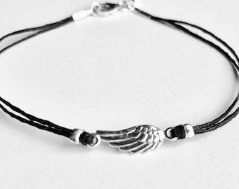 LAST ONE - Sterling Silver Angel Wing Bracelet: Black Linen Cord Boho Jewelry