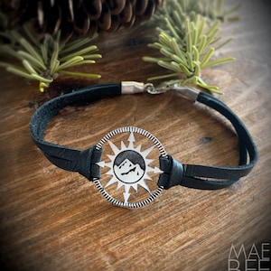 Mountain Compass Leather Bracelet, wanderlust, hiker jewelry, mountain jewelry, graduation gift, bridesmaid gift, festival jewelry