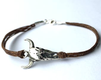 Sterling Cow Skull Bracelet, Cowboy Bracelet in Sterling Silver and linen, Texas, gift for woman, ready to ship, graduation gift, cowgirl