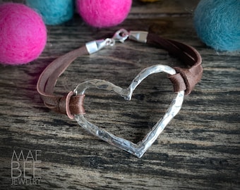 Oxidized Sterling Silver Heart Bracelet: Brown Deerskin Leather