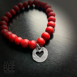 Red Beaded Bracelet: Sterling Silver Heart Charm, Friendship Jewelry