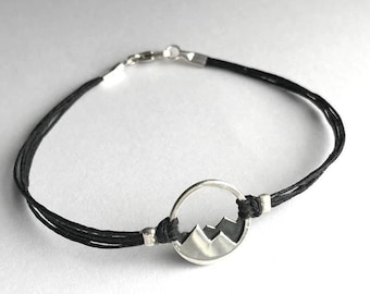 Sterling Silver Mountain Bracelet: Oxidized Detail, Linen Cord