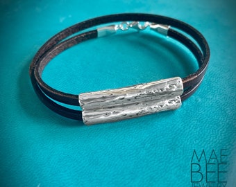 Leather Sterling Wrap Bracelet, Womens or Mens leather bracelet, Ready to ship, festival jewelry, stacking bracelet, mothers day gift