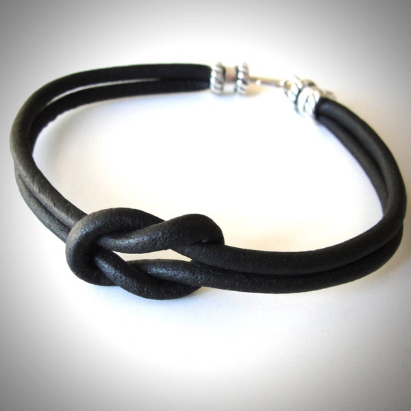 SALE - Reef Knot bracelet, Black Leather bracelet, Nautical Bracelet, Mens Bracelet, unisex bracelet, gift for him, gift for her