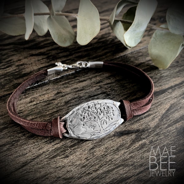 Tree of Life Leather Bracelet, sterling silver, fall bracelet, hiker jewelry,  gift, boho jewelry, bridesmaid gift, festival jewelry