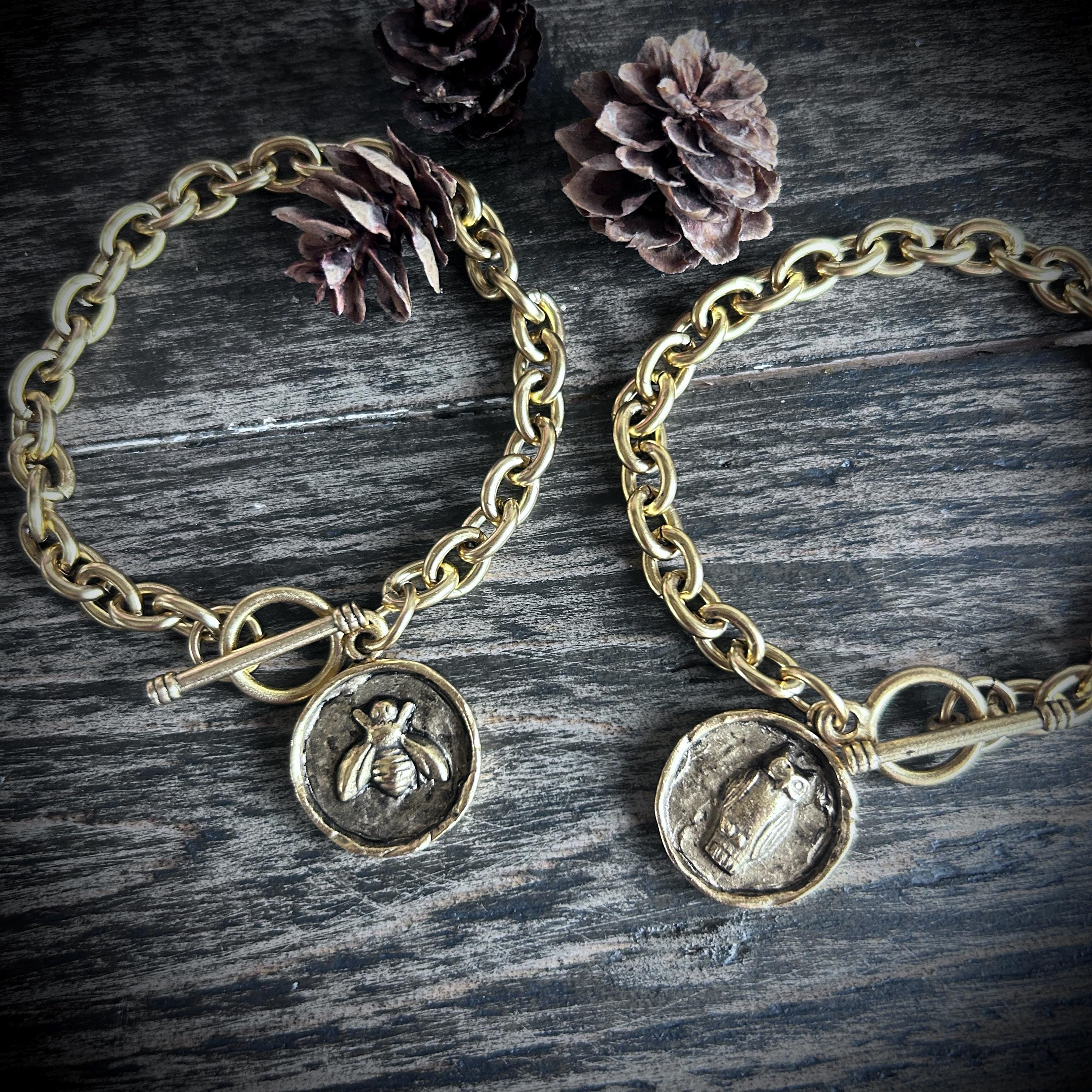 Gold Owl or Bee Charm Bracelet: Chunky Chain, USA Plated Jewelry