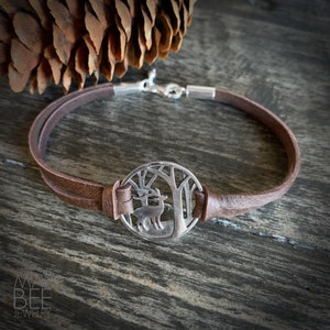 Sterling Silver Deer Leather Bracelet: Forest Life Hiker Jewelry