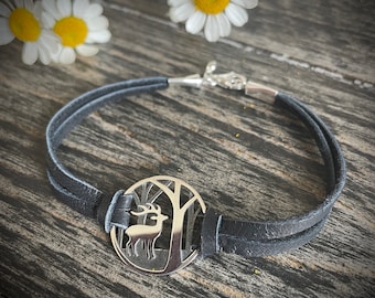 Forest Life Leather Bracelet, deer, elk, sterling silver, wanderlust, hiker jewelry, woodland creature,  gift, mountain jewelry