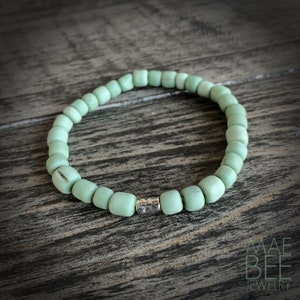 Green Java Glass Bead Bracelet: Sterling Silver Accent, Yoga Jewelry