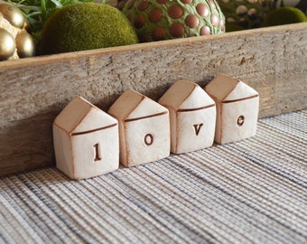 L O V E houses / text on 4 tiny houses / desk decor / bookshelf neighborhood / gift for family friends