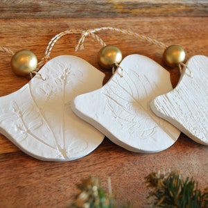 3 bird shaped Christmas tree ornaments / package tie on tags / Nordic minimalist / Hostess gifts / Bisque pure white hanging ornaments
