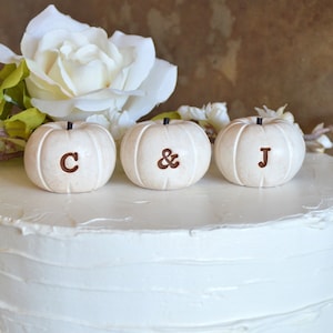 May include: A white wedding cake topped with three small, cream-colored pumpkins. Each pumpkin has a brown letter or symbol: "C", "&", and "J". A large white flower and greenery are arranged behind the pumpkins.