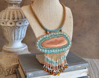 One of a kind huge bead embroidery statement necklace / earthy Western feel / Artisan handmade dyed agate / beaded rope, beaded toggle