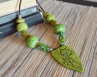 One of a kind statement beaded polymer clay pendant necklace / earthy green tones, huge handmade beads / chunky organic distressed tribal