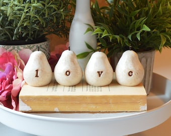 Gift for Her Rustic Handmade Fruit Gift Four Vintage Style LOVE Pears Birthday Present Home Decor Handcrafted Farmhouse Shabby Art Gift