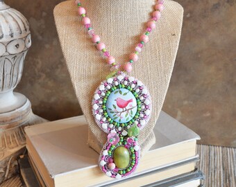 One of a kind huge bead embroidery pink bird on branch statement necklace / pink green necklace / Hand painted polymer clay focal piece