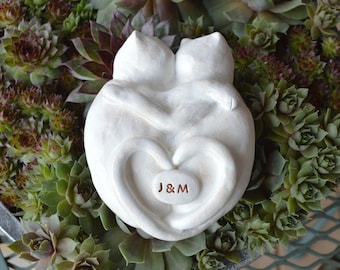 Custom initials cats wedding cake topper personalized cat lover gift / rustic look white kitties in love, snuggling with heart shaped tails