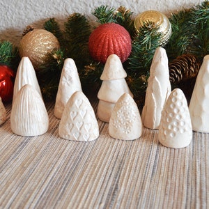 Set of 10 mini Christmas trees / terrarium desk bookshelf decor / gift for family friends / small abstract clay Xmas trees decoration image 3