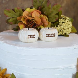 Wedding cake topper...vintage white mr mrs pumpkins...fall and autumn decor / pumpkins for fall weddings / cake table decor image 3