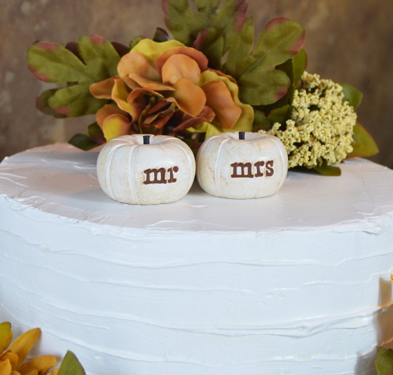 Wedding cake topper...vintage white mr mrs pumpkins...fall and autumn decor / pumpkins for fall weddings / cake table decor image 3