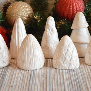 Set of 10 mini Christmas trees / terrarium desk bookshelf decor / gift for family friends / small abstract clay Xmas trees decoration image 4