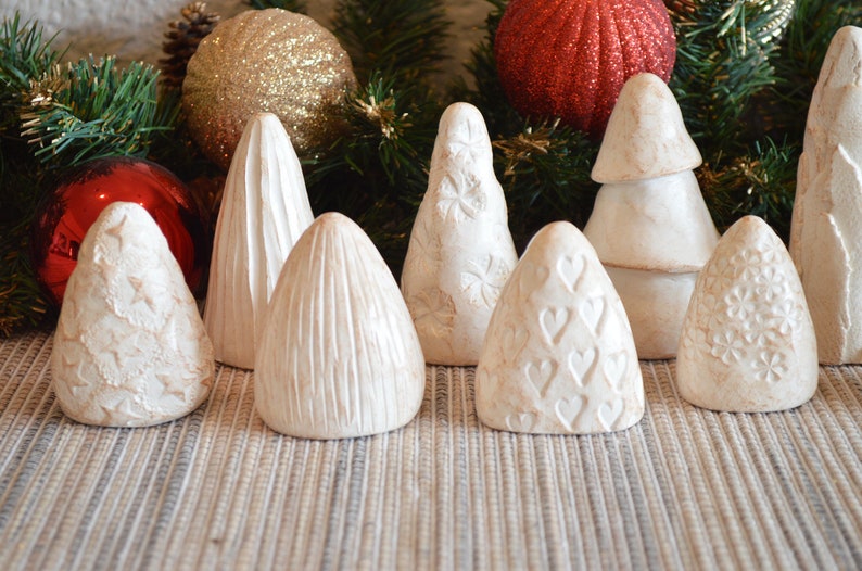 Set of 10 mini Christmas trees / terrarium desk bookshelf decor / gift for family friends / small abstract clay Xmas trees decoration image 4