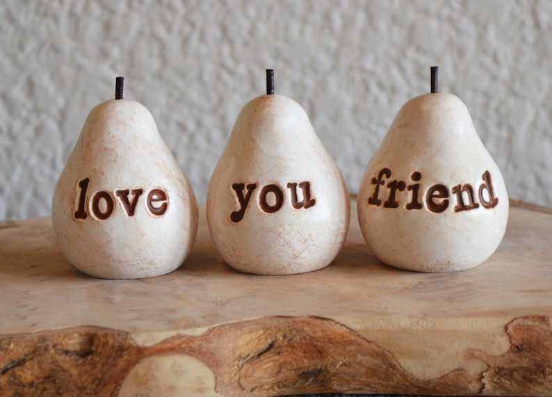 Gifts for friends / white love you friend pears / Three handcrafted embossed text decorative clay pears ... fun way to say I love you image 1