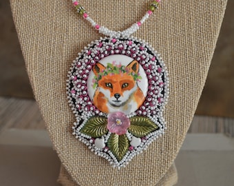 Fox Pendant / Fox Necklace / woodland vibes jewelry / Hand painted art piece animal painting bead embroidery / Maximalist statement piece