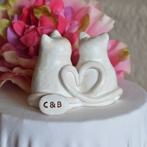 Cats wedding cake topper cute anniversary sweetheart gift / rustic look white kitties with heart shaped tails / Custom initials available image 1