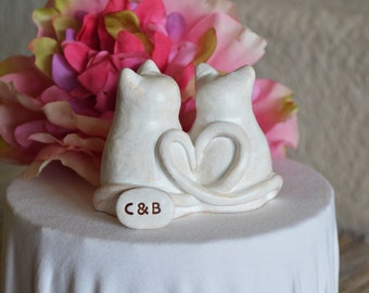 Cats wedding cake topper cute anniversary sweetheart gift / rustic look white kitties with heart shaped tails / Custom initials available