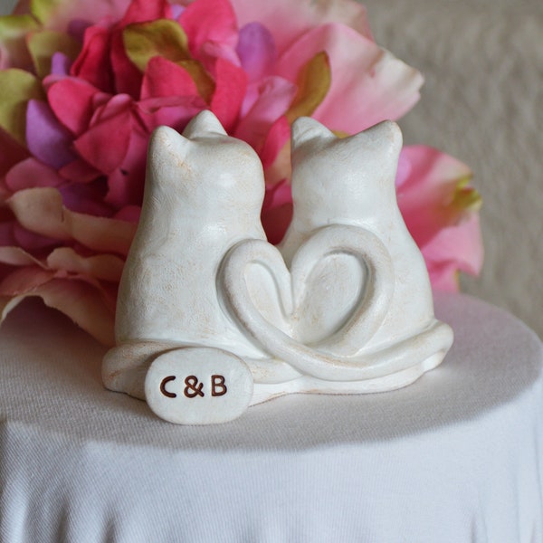 Cats wedding cake topper cute anniversary sweetheart gift / rustic look white kitties with heart shaped tails / Custom initials available