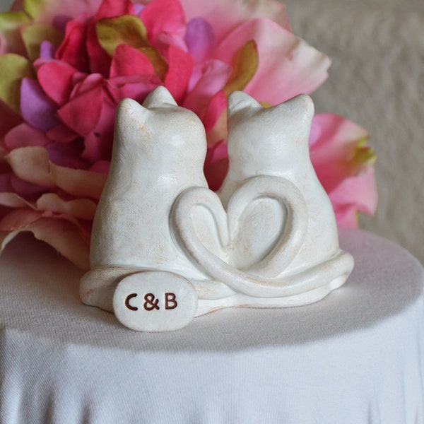 Cats wedding cake topper anniversary sweetheart gift / rustic look white kitties with heart shaped tails Custom initials available