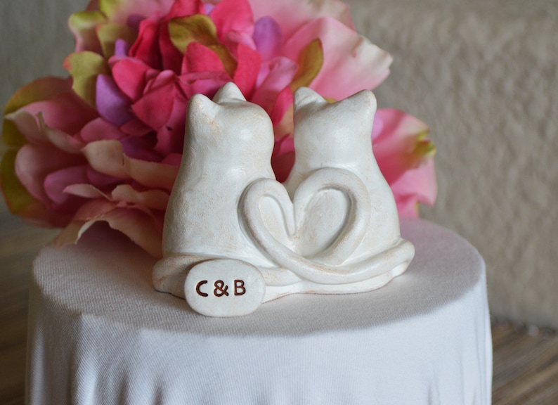 Cats wedding cake topper cute anniversary sweetheart gift / rustic look white kitties with heart shaped tails / Custom initials available image 1