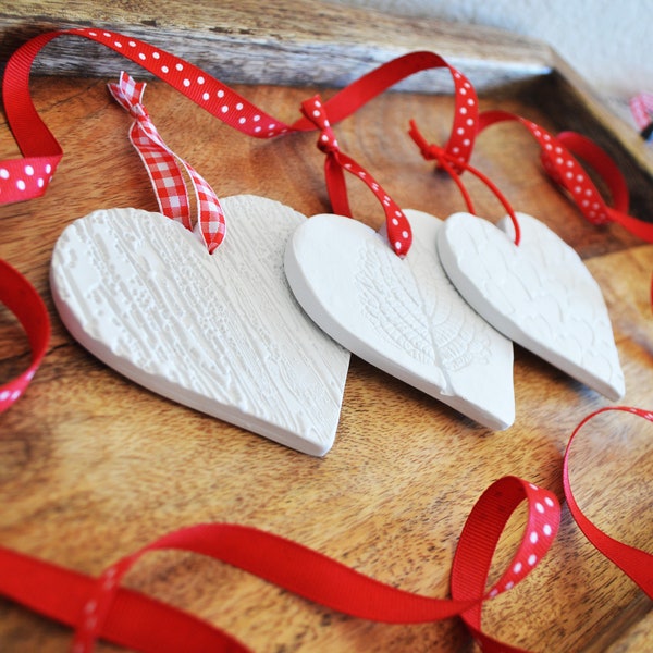 Valentines heart ornaments 3 heart shaped textured decor / red present package tie on tags / Bisque pure white boho minimalist gift decor