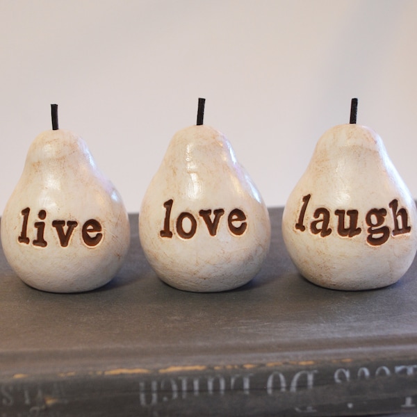 Live Love Laugh Pears Gift Set of 3 Rustic White Mini Pear Decor Sentimental Handmade Shelf Art Farmhouse Kitchen Fruit Decor Accent