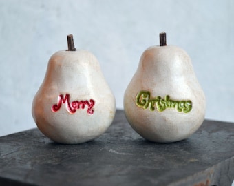 Set of 2 vintage style Merry Christmas pears / tabletop or shelf Holiday decor / Hostess gift