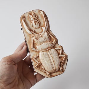 May include: A rectangular, off-white plaque featuring a raised, detailed relief of a large stag beetle with prominent mandibles. The surface has a distressed, antiqued brown finish that highlights the textured exoskeleton and legs of the insect.