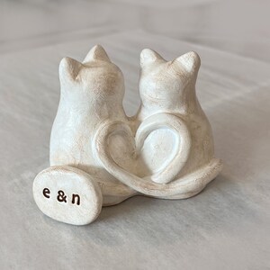 Cats wedding cake topper cute anniversary sweetheart gift / rustic look white kitties with heart shaped tails / Custom initials available image 7