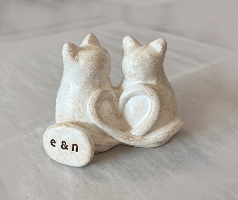 Cats wedding cake topper cute anniversary sweetheart gift / rustic look white kitties with heart shaped tails / Custom initials available image 7