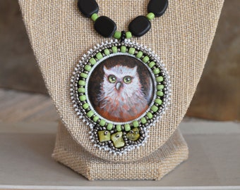 One of a kind huge bead embroidery Owl Portrait statement necklace / forest vibes necklace / Hand painted animal painting focal piece