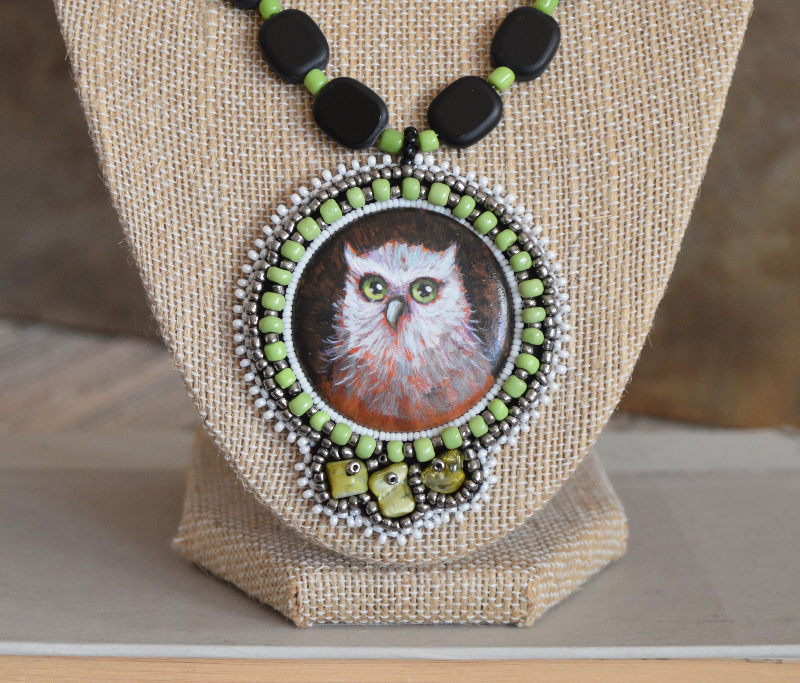 Beaded Owl Statement Necklace Forest Vibes Hand Painted Animal Portrait Painting Focal Piece OOAK Be