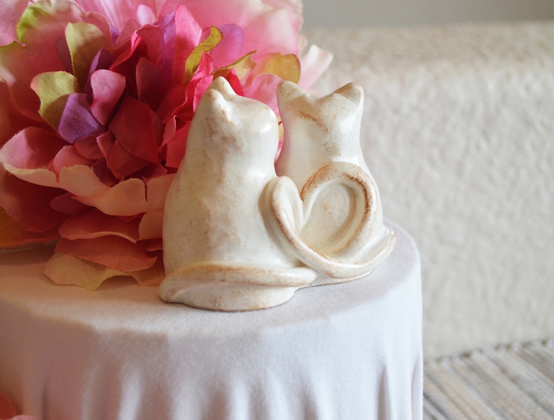 Cats wedding cake topper cute anniversary sweetheart gift / rustic look white kitties with heart shaped tails / Custom initials available image 2