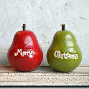 Set of 2 vintage style red and green Merry Christmas pears / tabletop or shelf Holiday decor / Hostess gift image 1