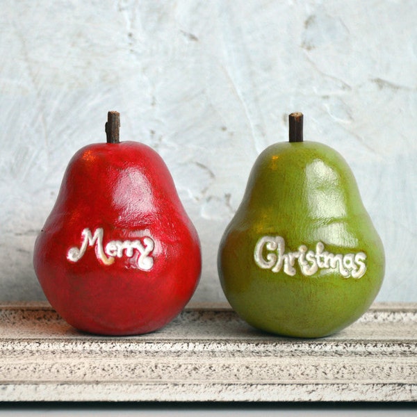 Set of 2 vintage style red and green Merry Christmas pears / tabletop or shelf Holiday decor / Hostess gift