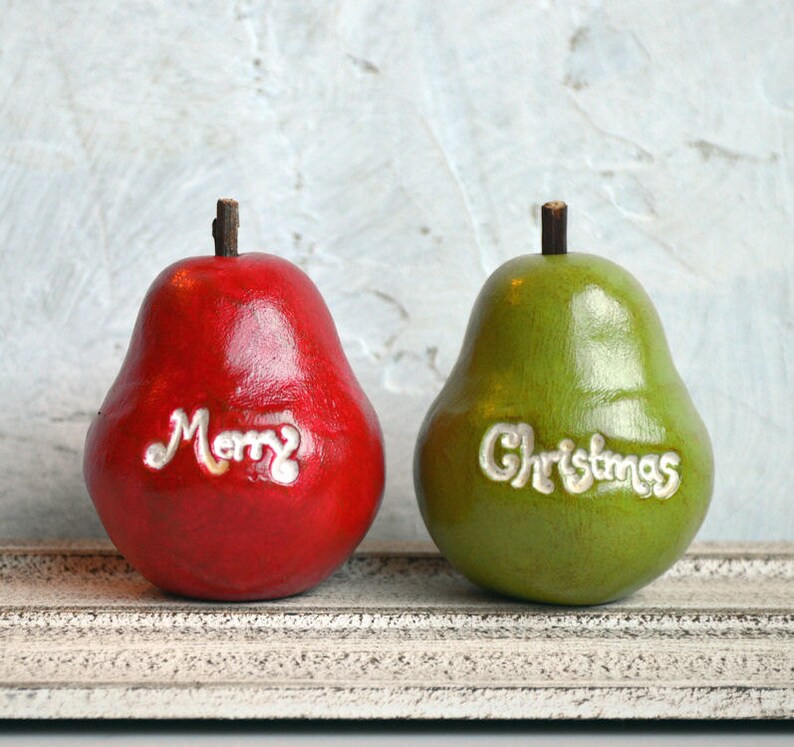 Set of 2 vintage style red and green Merry Christmas pears / tabletop or shelf Holiday decor / Hostess gift image 1