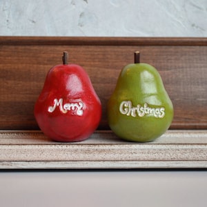 Set of 2 vintage style red and green Merry Christmas pears / tabletop or shelf Holiday decor / Hostess gift image 4