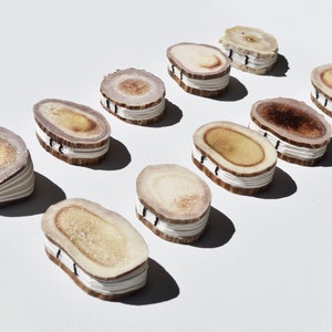 May include: Nine stacked slices of antler, each with a different pattern and color, are arranged in a row on a white surface. The antler slices are bound together with white thread and black string.